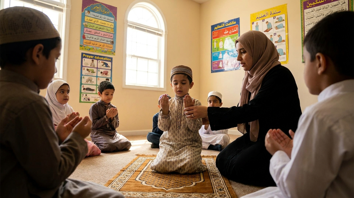 Muslim child learning prayer lessons with teacher guidance