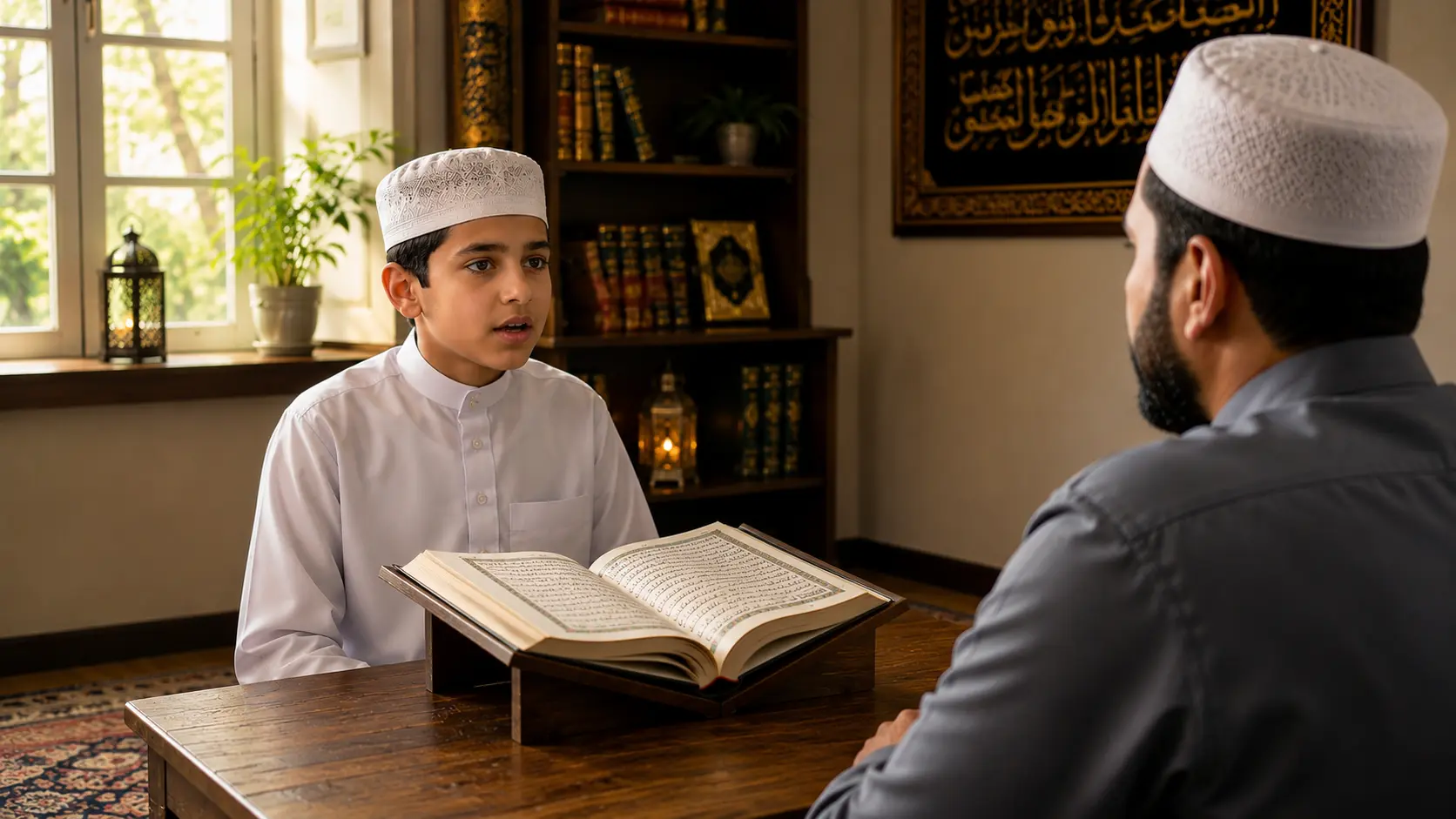 Student memorizing Quran with teacher guidance