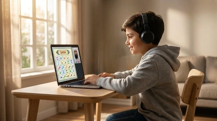 Student learning Quran online